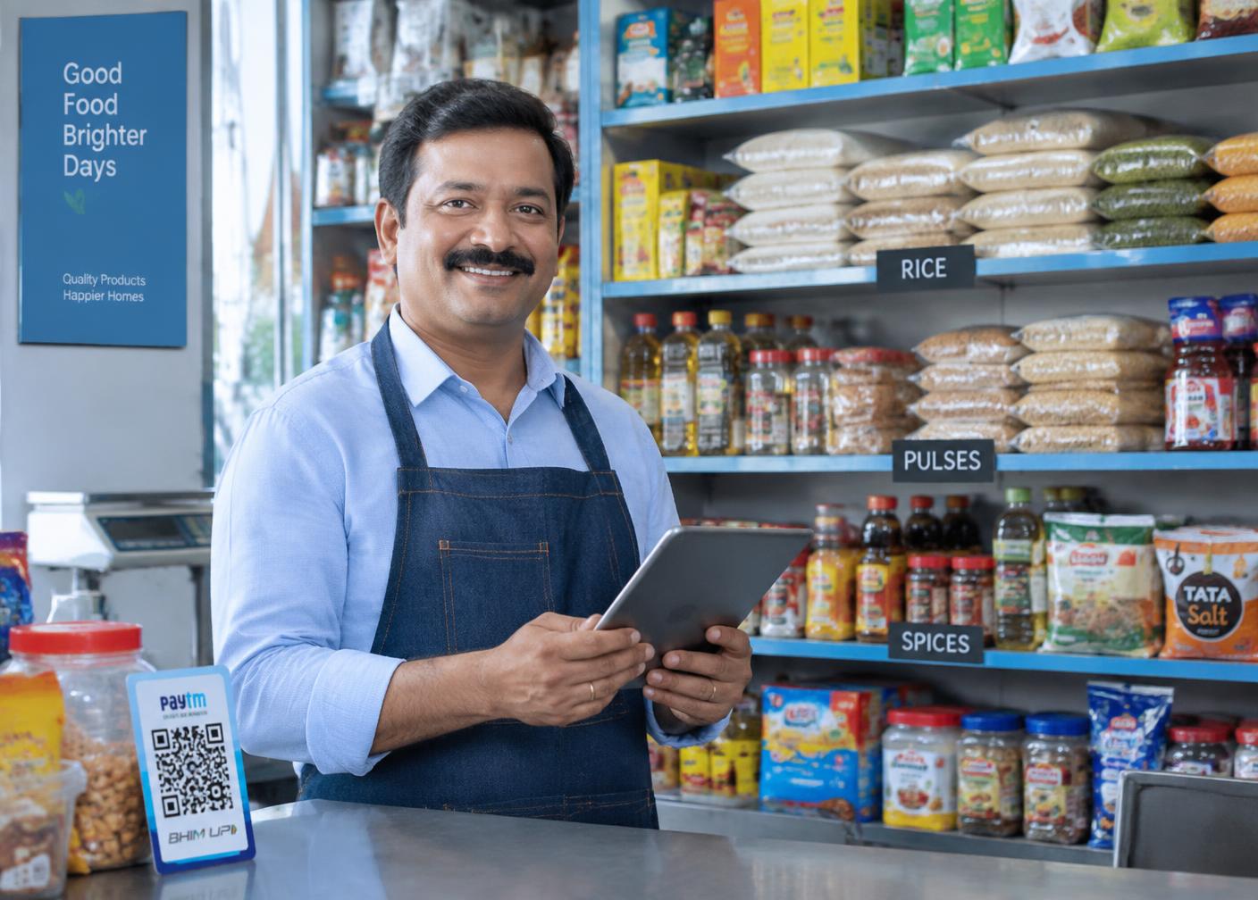 Kirana store owner reviewing his shop performance on a tablet